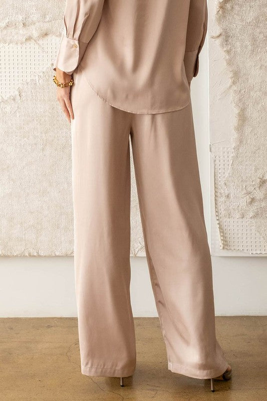 back of the Light Taupe Satin Bell Bottom Pants 