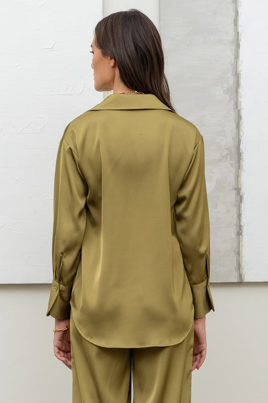 back of the Light Olive Satin Button Up Top
