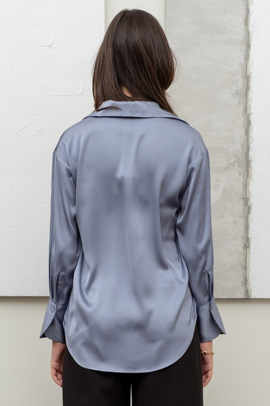 back of the Dusty Blue Satin Button Up Top