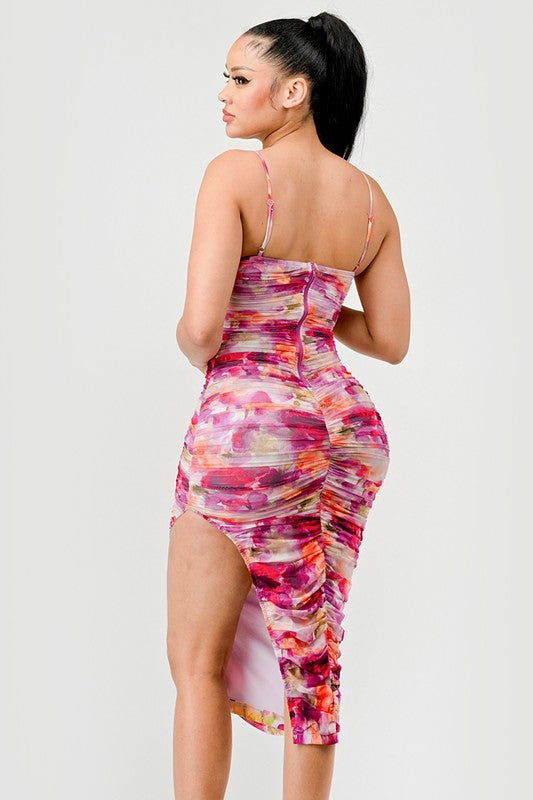 back view of the ruched Magenta Combo Mesh Midi Dress