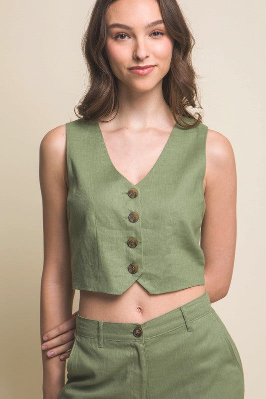 model is wearing Light Olive Linen Buttoned Vest Top 