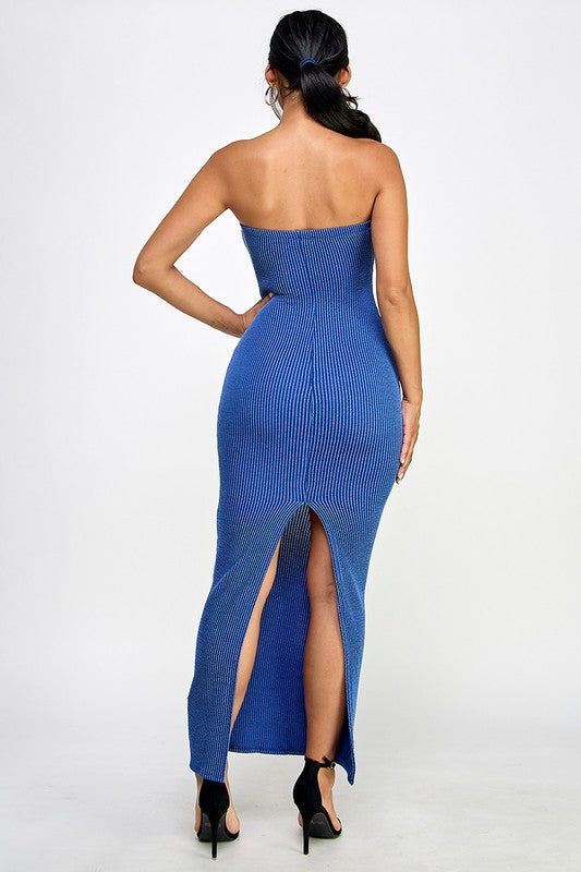 blue summer dress that is strapless and tight