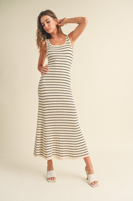 model is wearing Cream Striped Sleeveless Long Dress with white heel sandals