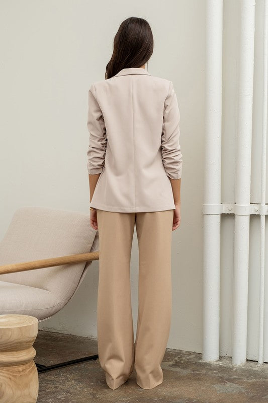 back of the Oatmeal Ruched Sleeve Blazer