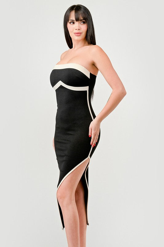 STYLED BY ALX COUTURE MIAMI BOUTIQUE Black Luxe Nylon Ponte Contrast Slitted Midi Tube Dress
