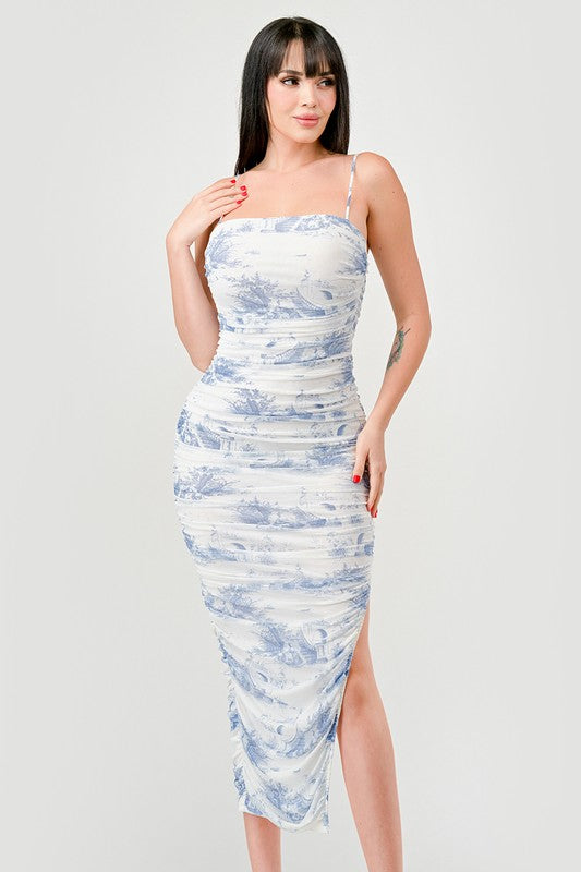 STYLED BY ALX COUTURE MIAMI BOUTIQUE Model is wearing Ivory Blue Luxe Landscape Mesh Print Ruched Midi Dress 