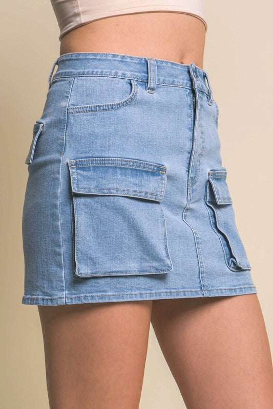 side view of Light Blue Mini Cargo Denim Skirt