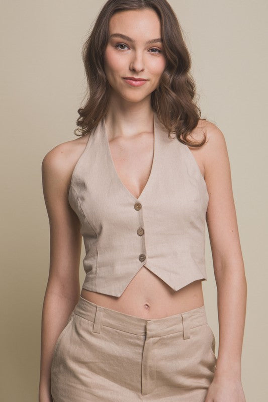 Model is wearing Khaki Linen Cropped Vest and matching pants 