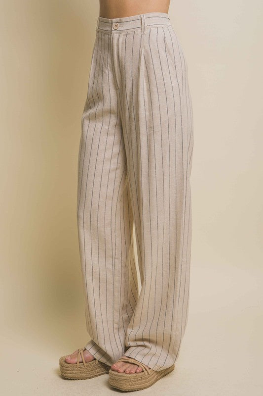 model is wearing Khaki Linen Stripe Flannel Pants  and wedges