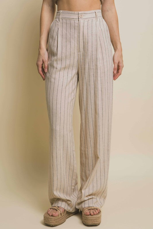 front view of the model wearing Khaki Linen Stripe Flannel Pants  and wedges