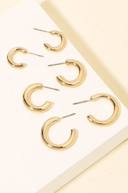 3 Pair Metallic Hoop Earrings Set