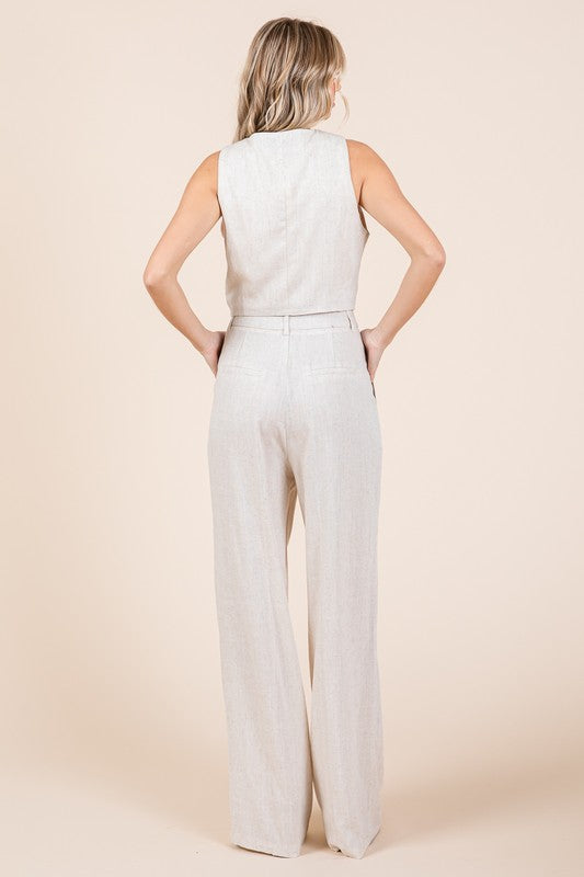 STYLED BY ALX COUTURE MIAM BOUTIQUE Model is wearing Natural Linen Vest and Wide Leg Pants Two Piece Set BACK VIEW