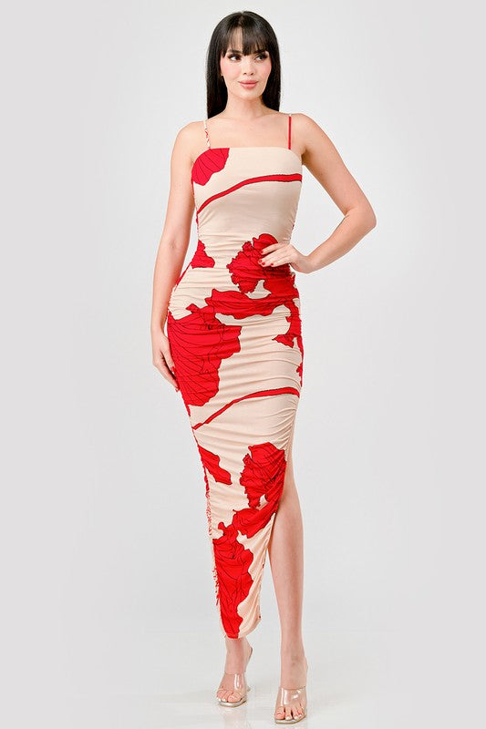STYLED BY ALX COUTURE MIAMI BOUTIQUE Model is wearing Nude Red Floral Ity Print Ruched Slitted Maxi Dress 