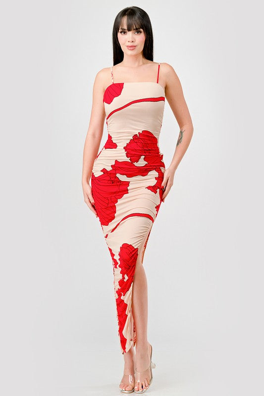 STYLED BY ALX COUTURE MIAMI BOUTIQUE Model is wearing Nude Red Floral Ity Print Ruched Slitted Maxi Dress
