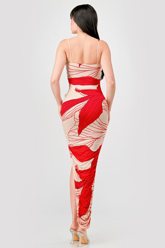 STYLED BY ALX COUTURE MIAMI BOUTIQUE Model is wearing Nude Red Floral Ity Print Ruched Slitted Maxi Dress back view