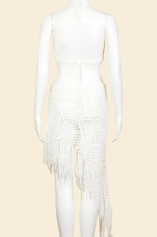 STYLED BY ALX COUTURE MIAMI BOUTIQUE Ivory Two Piece Floral Trim Fringe Cover Up