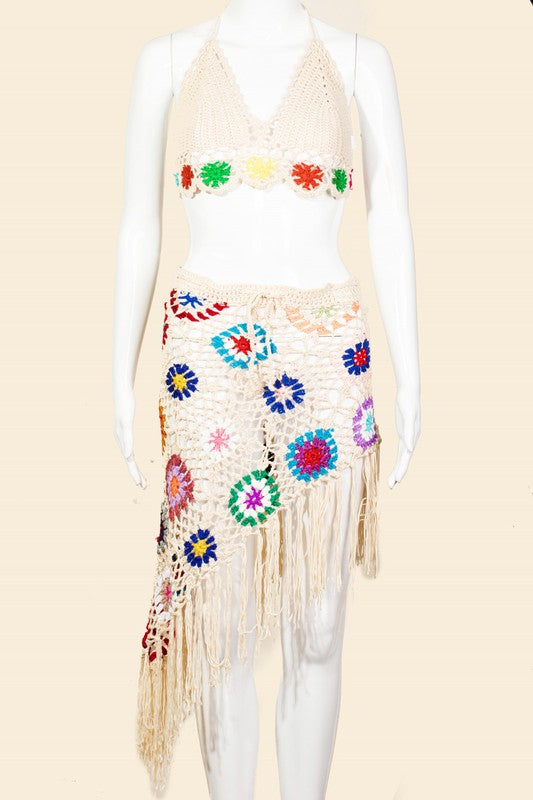 STYLED BY ALX COUTURE MIAMI BOUTIQUE Khaki Floral Embroidered Fringe Two Piece Cover Up
