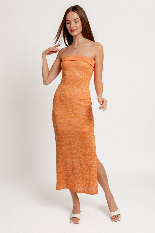 model is wearing Orange Tube Maxi Dress and white heels 