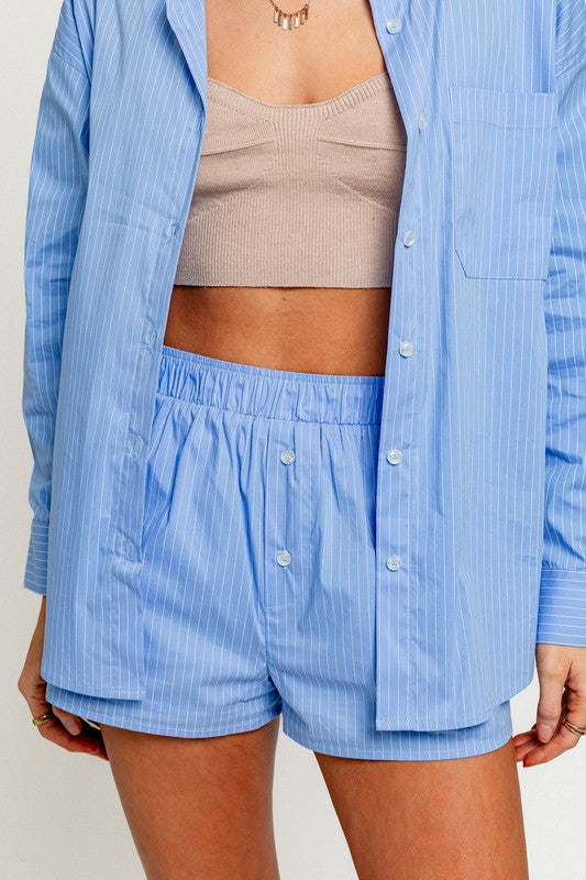 close view of the Blue Striped Oversized Short Set and beige top 