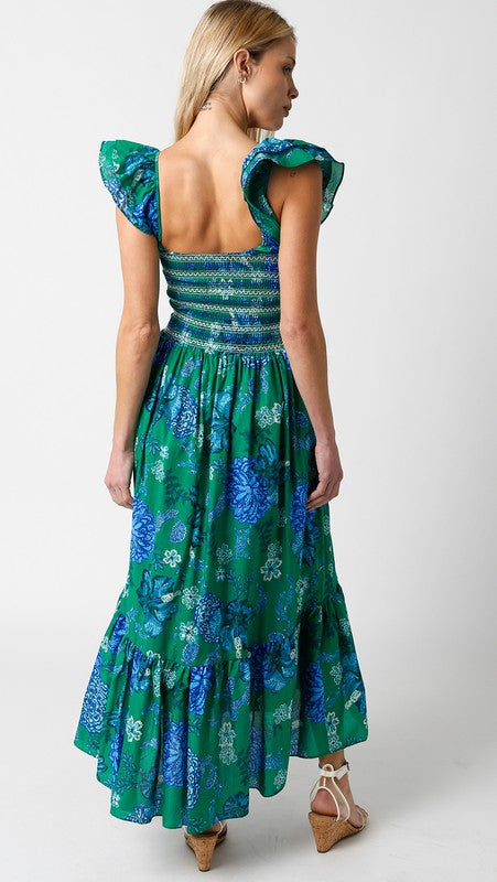 back of the Green Blue Layla Midi Dress and wedges