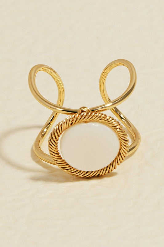 STYLED BY ALX COUTURE MIAMI BOUTIQUE Gold Pearl Disc Metallic Wire Open Band Ring