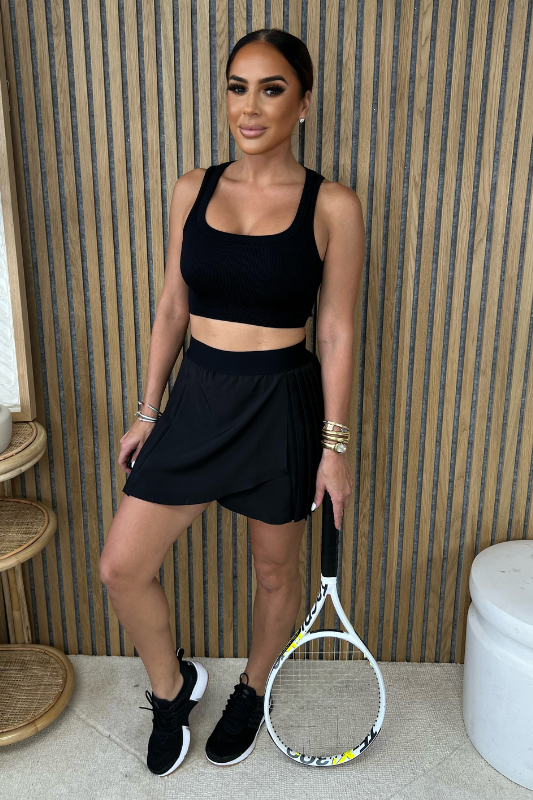 STYLED BY ALX COUTURE MIAMI BOUTIQUE Black Wrap-Style Tennis Skirt with basic black crop top activewear 