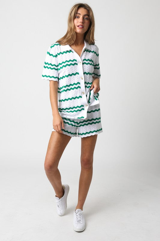 model wearing White Green Megan Top with matching shorts and white sneaker
