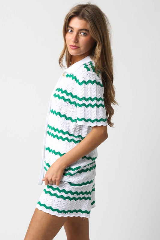 side of the White Green Megan Top with matching shorts