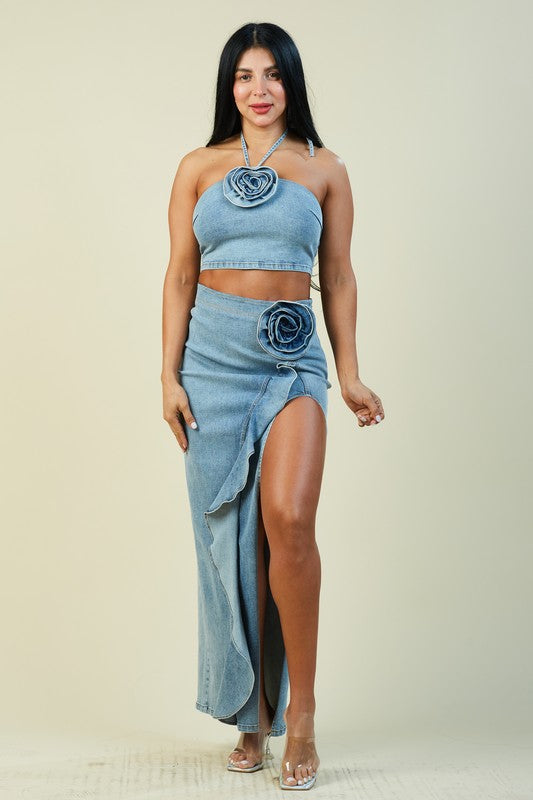 model wearing denim Light Blue Rosette Maxi Skirt Set 