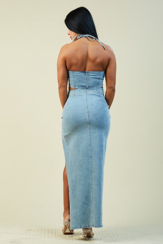 model wearing Light Blue Rosette Maxi Skirt Set 