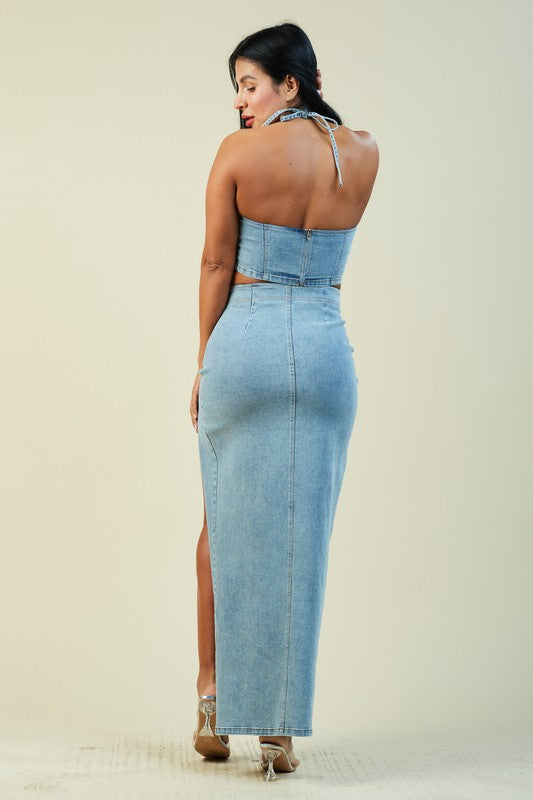 back of the Light Blue Rosette Maxi Skirt Set 