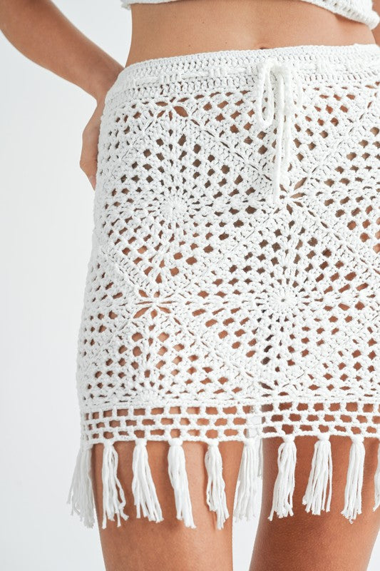 close up view of the Off White Crochet Bralette MIni Skirt Set