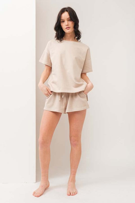 model is wearing Taupe Thick Travel Shorts Set