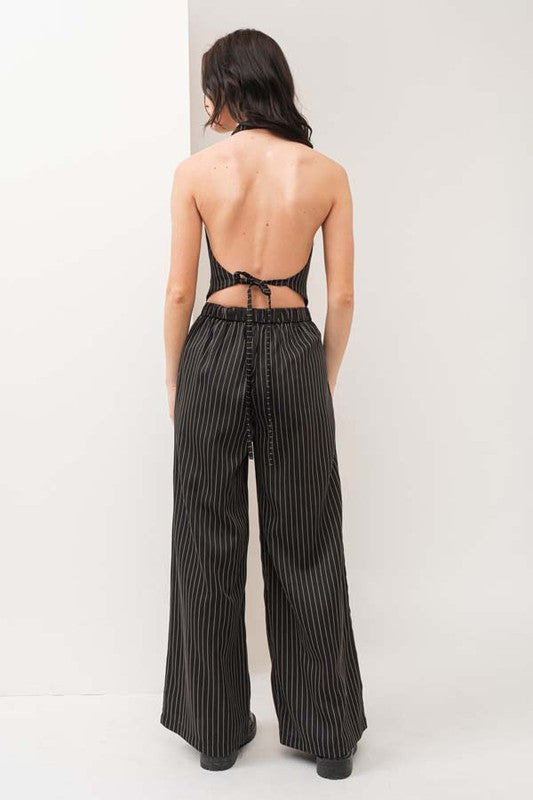 back view of the Black Stripe Vest Pants Set