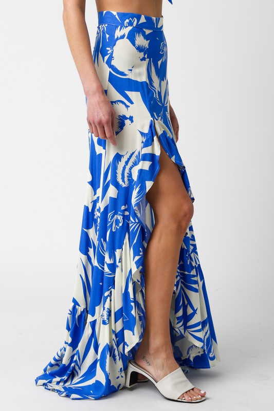 side of the Cream Blue Jadyn Maxi Skirt  and white heel sandals