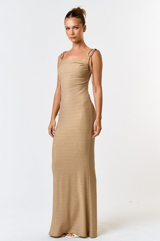 Champagne Glitter Mermaid Maxi Dress with shoulder tie 