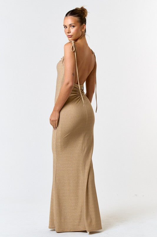 Champagne Glitter Mermaid Maxi Dress showing the open back detail of the dress