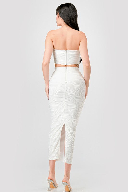 back view of the White Luxe Texture Knit Bustier & Maxi Skirt Set