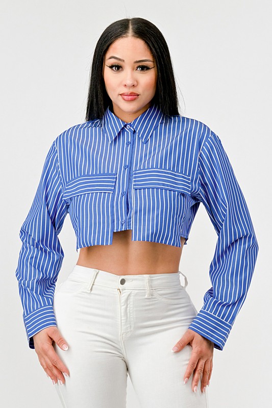 Model is wearing Blue Stripe Poplin Cropped Top  with white jeans 