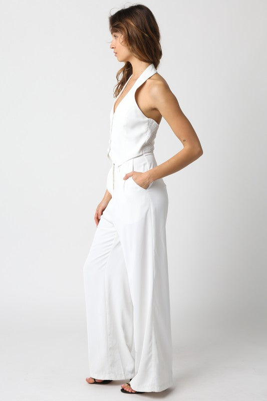 side of the model wearing White Courtney Jumpsuit 