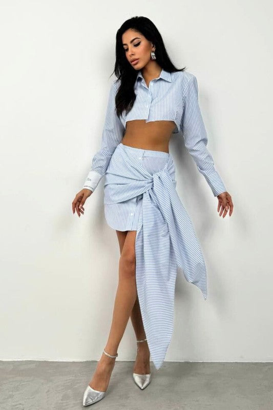 model is wearing Blue Emery Pinstriped Shirt Skirt Set and silver heels 