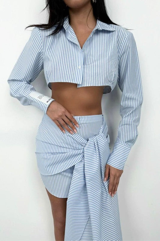 model is wearing size Blue Emery Pinstriped Shirt Skirt Set