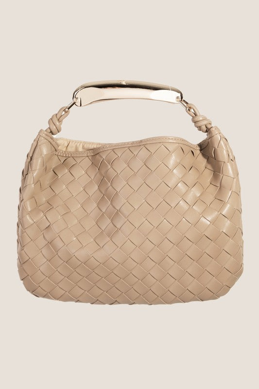 Khaki Faux Leather Basket Weave Handbag