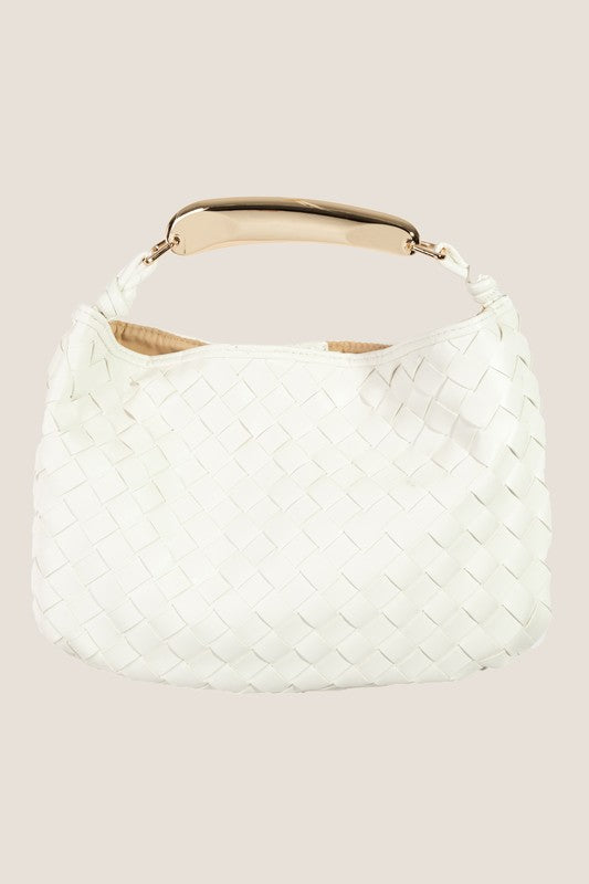 White Faux Leather Basket Weave Handbag
