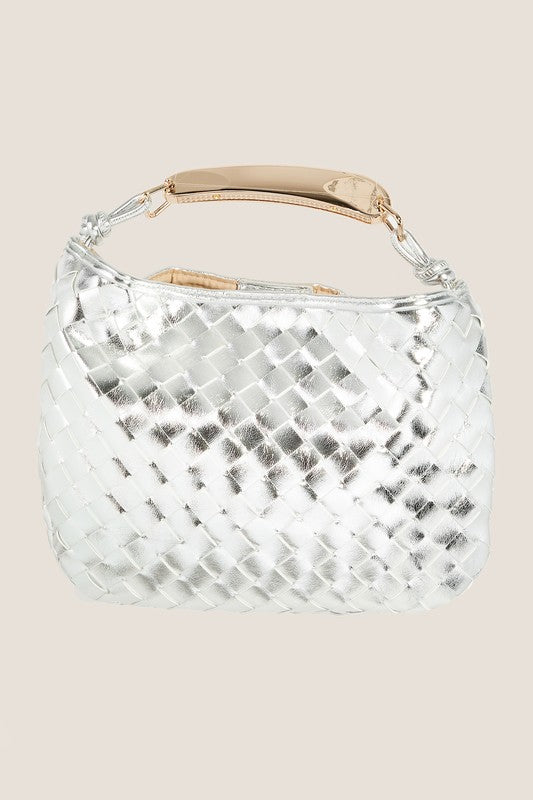 Silver Faux Leather Basket Weave Handbag