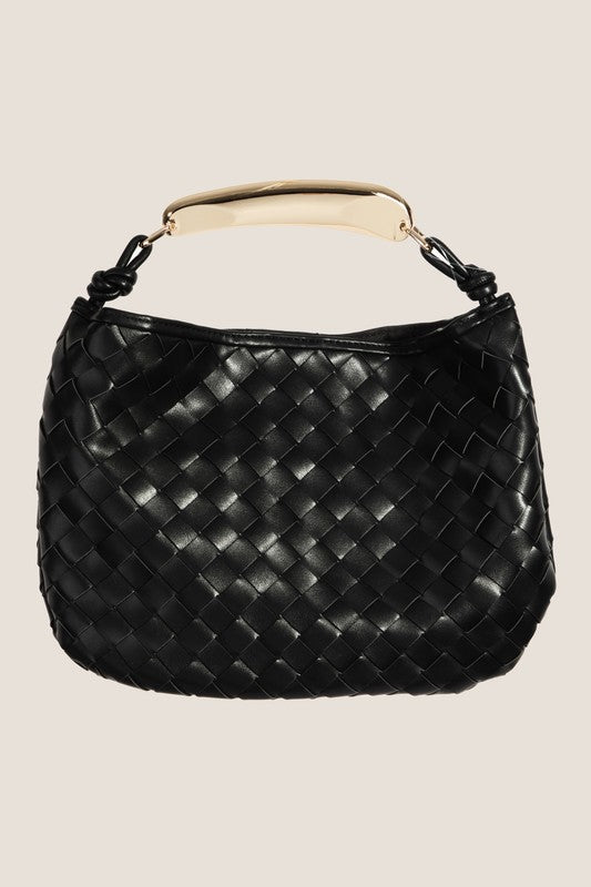 Black Faux Leather Basket Weave Handbag