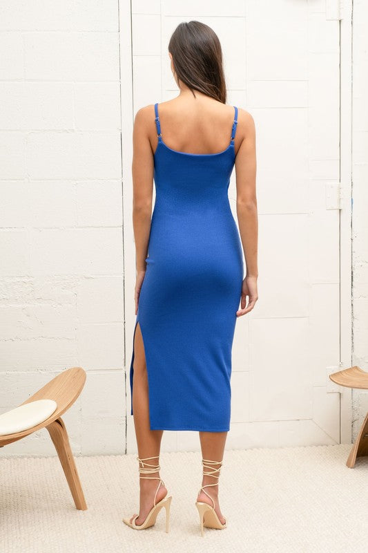 back of the Royal Blue Slit Cami Midi Dress 