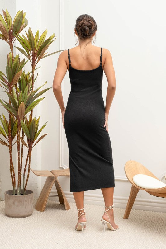 back of the Black Slit Cami Midi Dress