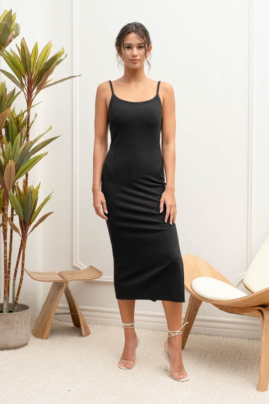 model is wearing Black Slit Cami Midi Dress 