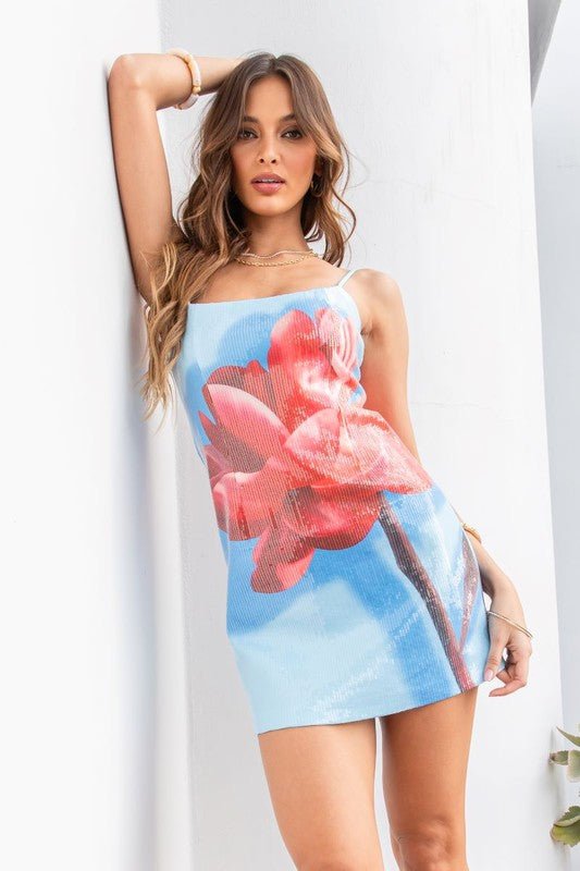 model is wearing Sky Blue Sequin Flower Print Mini Dress 
